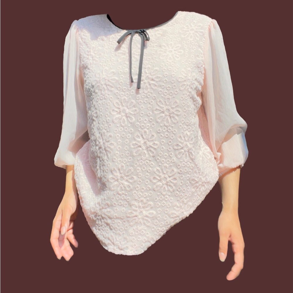Coquette Y2k Feminine Pastel Pink Floral Sheer Lace Puff Sleeve Bow Blouse Top - Picture 2 of 4